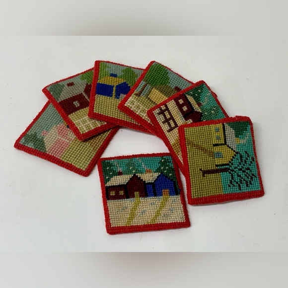 (Lot of 7) 1940s WWII Era Homemade Hand Knitted Country House Scene Coasters - Picture 1 of 12